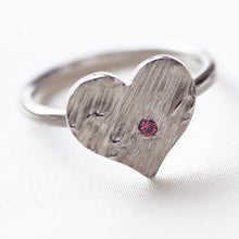 Load image into Gallery viewer, Silver heart ring, engraved and set with a pink sapphire or genuine brown zircon