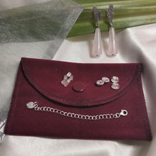 Load image into Gallery viewer, Kit displayed on burgundy red velvet, green leaves and pink quartz earrings in background