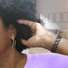 Load image into Gallery viewer, Rose gold long earrings worn hand up holding hair away