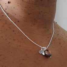 Load image into Gallery viewer, Sterling silver charm necklace, flower and peacock pearl charms, worn, profile
