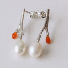 Load image into Gallery viewer, Silver twig drop earrings, pearl and gemstones