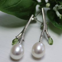 Load image into Gallery viewer, Silver twig drop earrings, pearl and gemstones