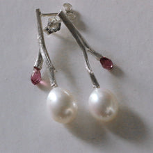 Load image into Gallery viewer, Silver twig drop earrings, pearl and gemstones