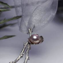 Load image into Gallery viewer, Large silver necklace, pearl flowers and twig statement necklace, detail of a pearl flower, floral decor in the back