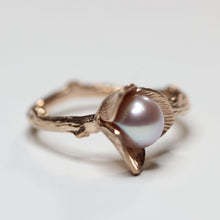 Load image into Gallery viewer, Rose gold ring, Flower pearl ring, pink pearl, twig design on white background, view of back