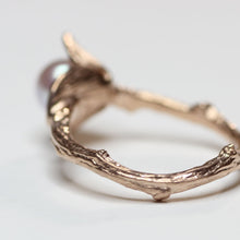 Load image into Gallery viewer, Rose gold ring, Flower pearl ring, twig design, back of the ring, white background
