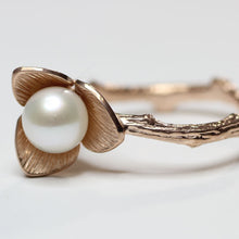 Load image into Gallery viewer, Rose gold ring, Flower pearl ring, white pearl, twig design, close-up shot on flower, white background