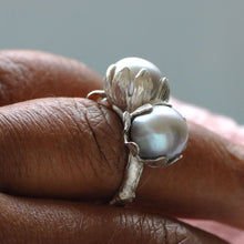 Load image into Gallery viewer, Pearl ring, blossom pearl flowers, grey pearls statement ring
