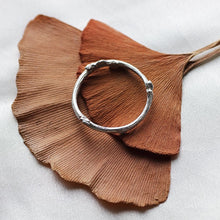 Load image into Gallery viewer, Stack rings, twig, silver on ginko leaf - white background