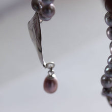 Load image into Gallery viewer, Close-up shot on leaf pendant profile,  grey pearls knot necklace, leaf silver pendant necklace.