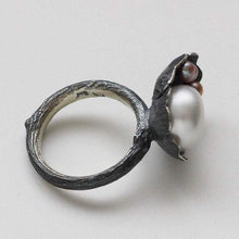 Load image into Gallery viewer, Cocktail ring, black silver, flower and twig designs, side view, placed on a white background
