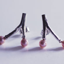 Load image into Gallery viewer, Freshwater pearl earrings, wishbone design twig earrings, pink pearls on white background