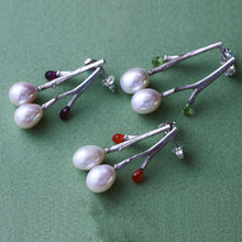 Load image into Gallery viewer, Silver twig drop earrings, pearl and gemstones
