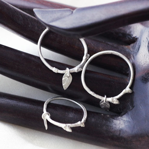 Dainty ring, silver chain ring with a twig and leaf charms