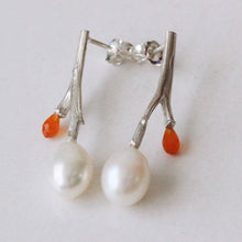 Load image into Gallery viewer, Silver twig drop earrings, pearl and gemstones
