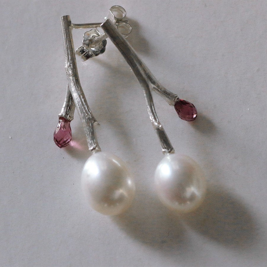 Silver twig drop earrings, pearl and gemstones