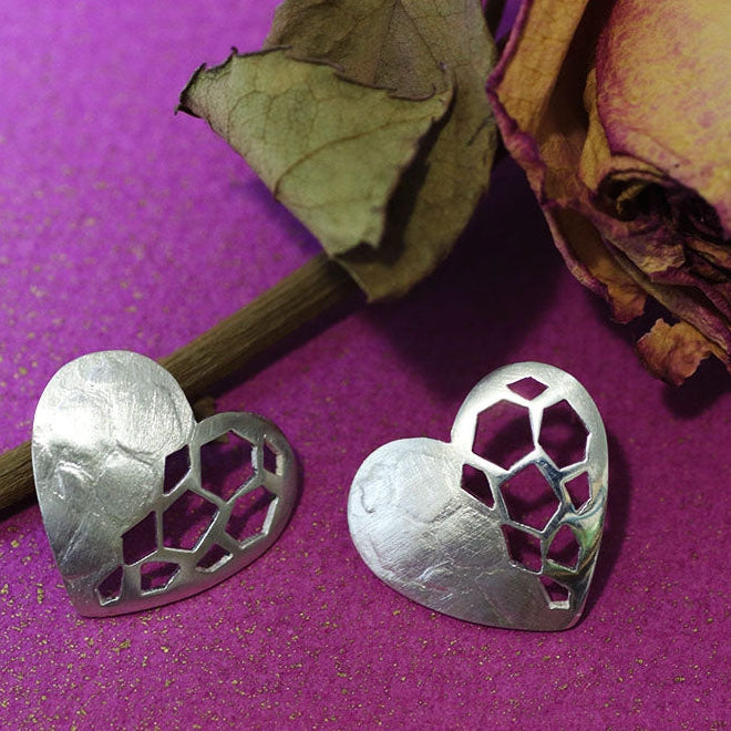 Heart stud earrings, large silver or gold earrings