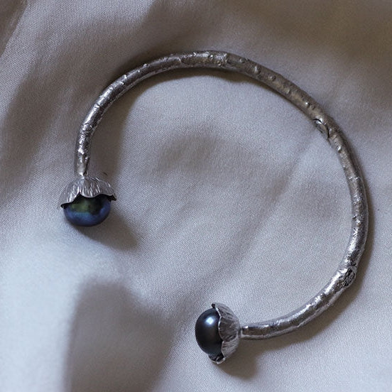 Twig silver cuff bracelet set with pearls