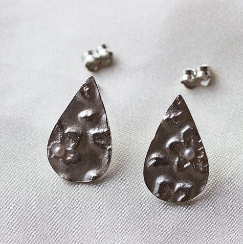 Silver pearl drop earrings, engraved flower pattern