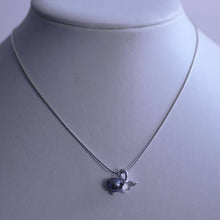 Load image into Gallery viewer, Sterling silver charm necklace, flower and pearl charms - blue violet pearl on white mannequin bust jewelry display
