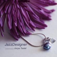 Load image into Gallery viewer, Sterling silver charm necklace, flower and pearl charms - blue violet pearl - pink gerbera in the back
