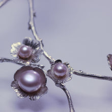 Load image into Gallery viewer, Large silver necklace, pearl flowers and twig statement necklace, close-up shot of the central section of the necklace, white background
