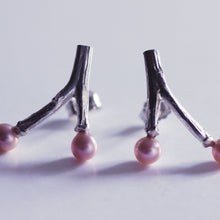Load image into Gallery viewer, Freshwater pearl earrings, wishbone design twig earrings, pink pearls on white background
