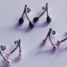 Load image into Gallery viewer, Three pairs of freshwater pearl earrings, wishbone design twig earrings, white, pink and peacock pearls
