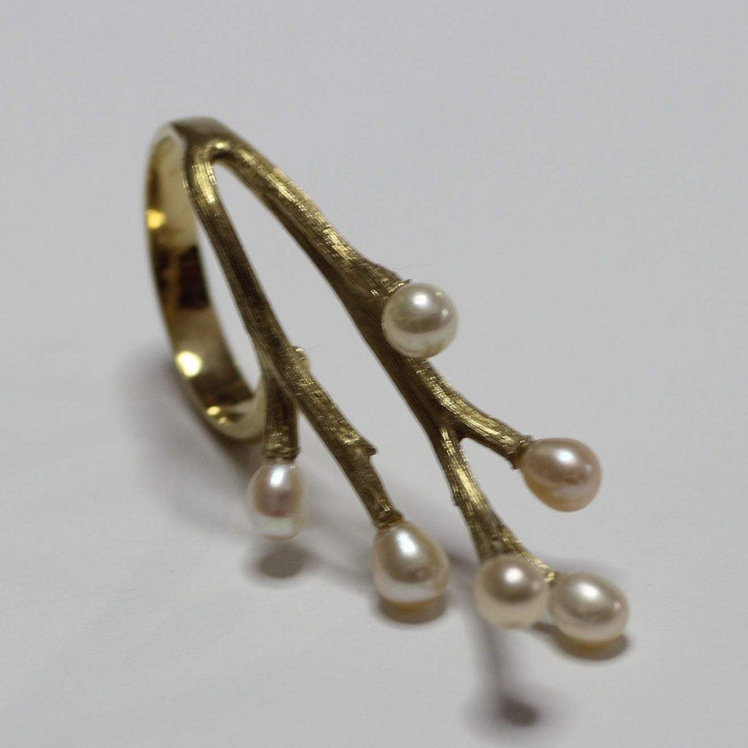 Yellow gold plated adjustable cocktail ring, twig design with pearls