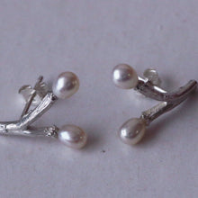 Load image into Gallery viewer, Freshwater pearl earrings, wishbone design twig earrings, white pearls, on white background
