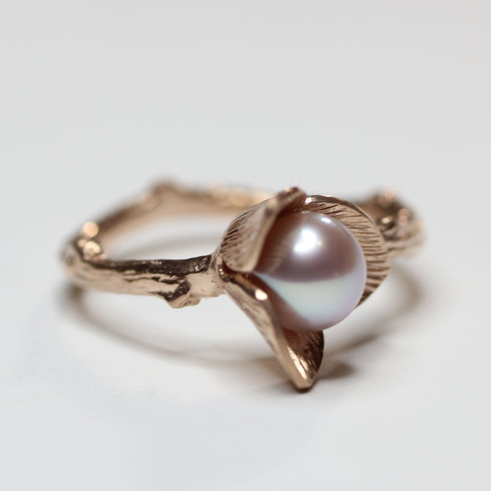 Rose gold ring, Flower pearl ring, pink pearl, twig design on white background