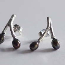 Load image into Gallery viewer, Freshwater pearl earrings, wishbone design twig earrings, peacock pearls on white background
