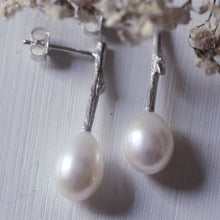 Load image into Gallery viewer, Pearl drop earrings, silver twig.
